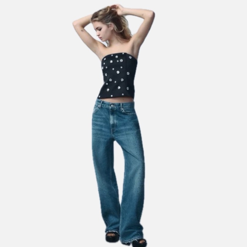 Zara Woman Black Strapless Bejeweled Rhinestone SATIN JEWEL CORSETRY top - Picture 6 of 9